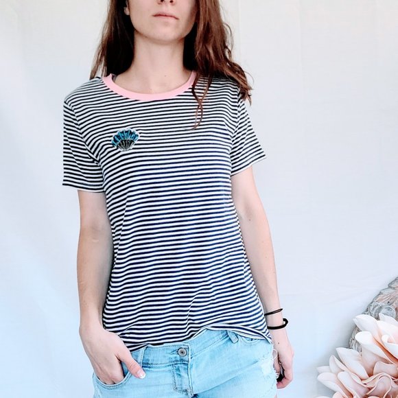J. Crew SeaShell Embroidered Blue & White Striped Coastal Cotton Tee Shirt XS - Picture 1 of 13